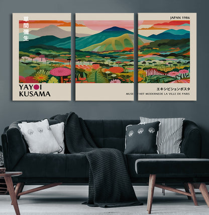 54215-MGV-CV-60X30-3P-Yayoi Kusama Wall Art – Panoramic Japanese Landscape Canvas Print, Modern Abstract Nature Decor for Office, Bedroom or Living Room