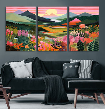 99638-MGV-CV-60X30-3P-Sunset Meadow Wall Art – Panoramic Mountain Landscape with Wildflowers Canvas Print, Vibrant Nature Decor for Living Room, Bedroom