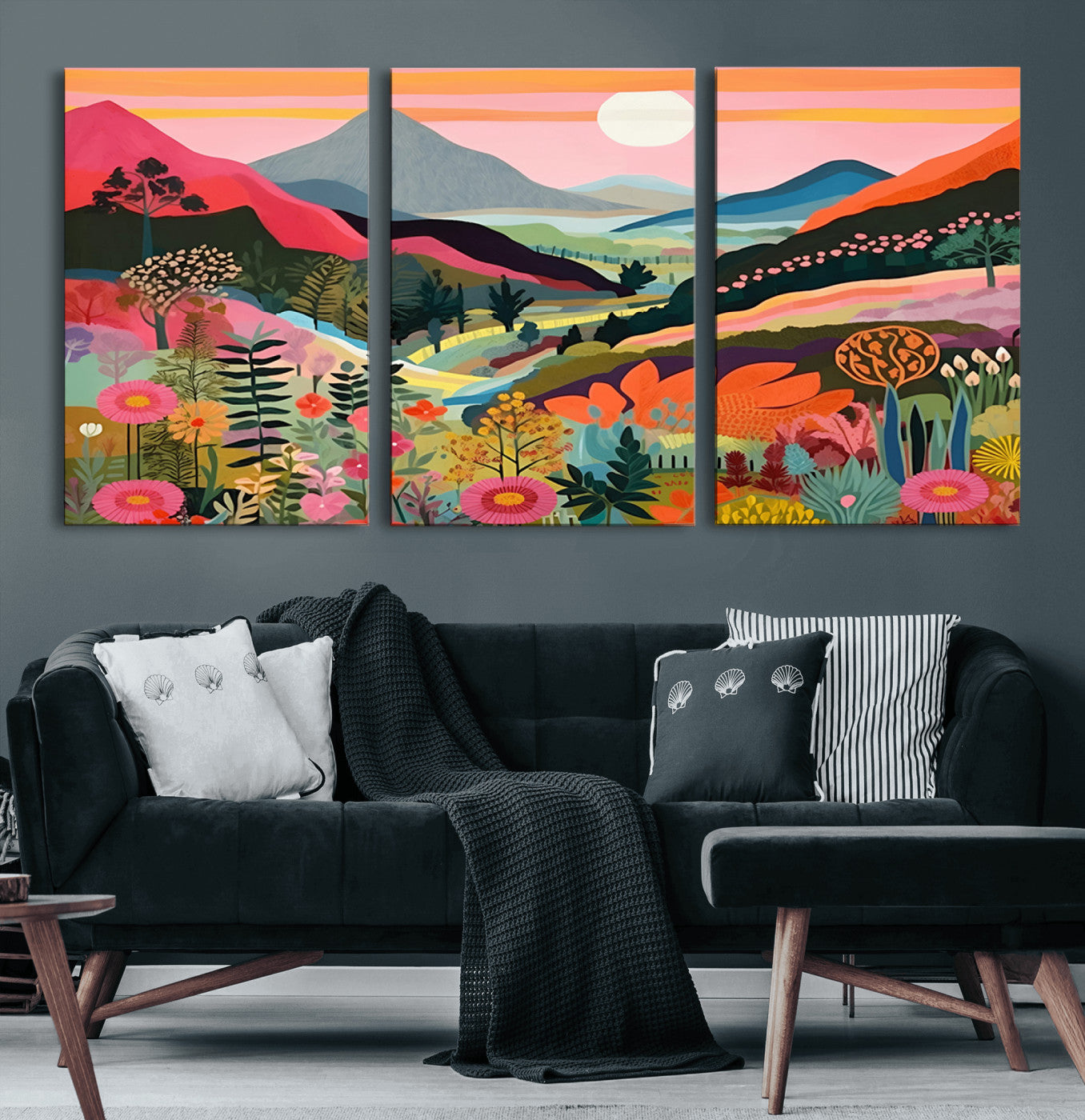 61376-MGV-CV-60X30-3P-Floral Valley Wall Art – Panoramic Mountain Landscape Canvas Print, Vibrant Nature Decor for Living Room, Office, or Bedroom