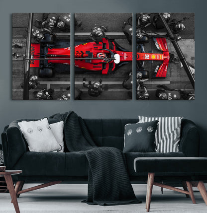 99356-MGV-CV-60X30-3P-Ferrari Pit Stop Wall Art – Formula 1 Racing Car Canvas Print, Red Speed Machine Motorsport Decor for Office, Garage, Man Cave or