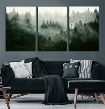 167720496-MGV-CV-60X30-3P-Misty Forest Wall Art – Serene Evergreen Trees Canvas Print, Foggy Mountain Nature Landscape Decor for Bedroom, Living Room or