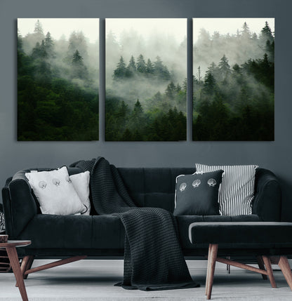 167720496-MGV-CV-60X30-3P-Misty Forest Wall Art – Serene Evergreen Trees Canvas Print, Foggy Mountain Nature Landscape Decor for Bedroom, Living Room or