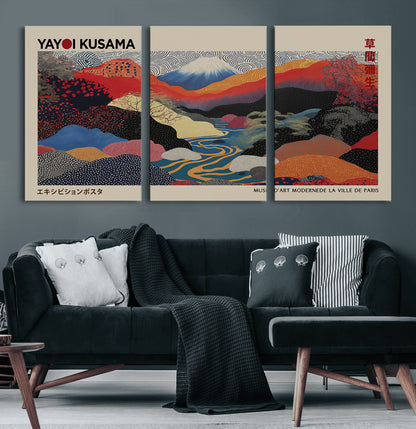 49228-MGV-FC-93X47-3P_Black-Kusama Wall Art – Vibrant Japanese Landscape Canvas Print, Modern Abstract Mountain and River Decor for Living Room, Office or Art