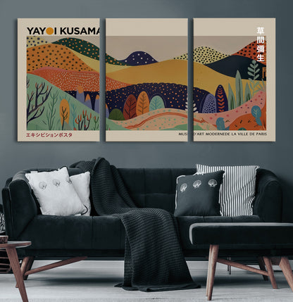 11242-MGV-CV-36X24-Kusama Wall Art – Abstract Colorful Hills Canvas Print, Modern Japanese Inspired Landscape Poster for Living Room, Office or