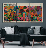 40791-MGV-CV-60X30-3P-Kusama Inspired Wall Art – Vibrant Abstract Floral Jungle Canvas Print, Bold Pop Art Botanical Decor for Living Room, Bedroom, or