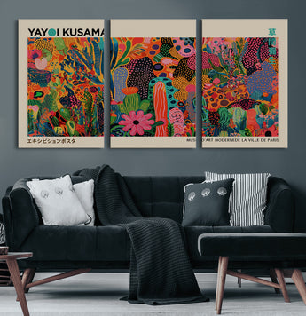 40791-MGV-CV-60X30-3P-Kusama Inspired Wall Art – Vibrant Abstract Floral Jungle Canvas Print, Bold Pop Art Botanical Decor for Living Room, Bedroom, or