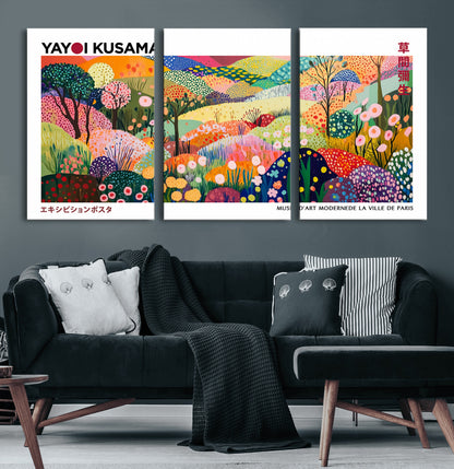 75201-MGV-CV-60X30-3P-Yayoi Kusama Floral Wall Art – Vibrant Abstract Landscape Canvas Print, Modern Pop Art Poster for Living Room, Bedroom, or Gallery