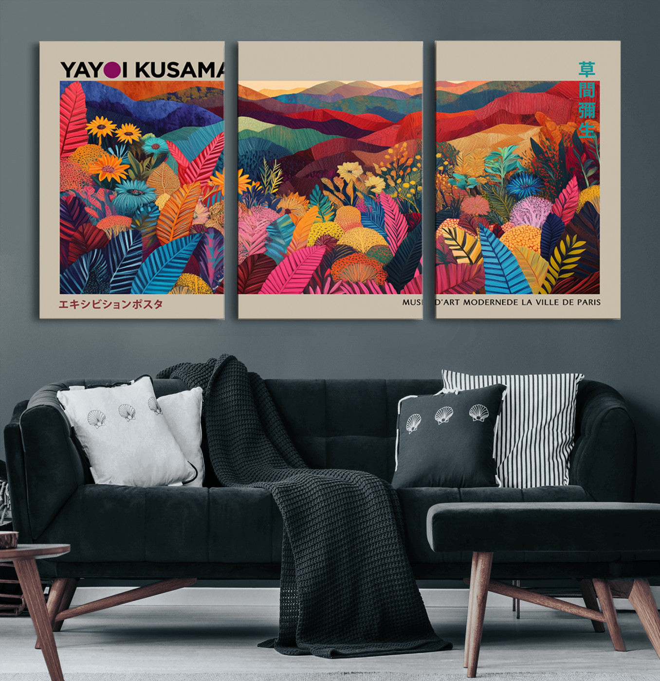 70959-MGV-CV-60X30-3P-Yayoi Kusama Inspired Wall Art – Bold Floral Landscape Canvas Print, Vibrant Modern Abstract Poster for Living Room, Bedroom, or