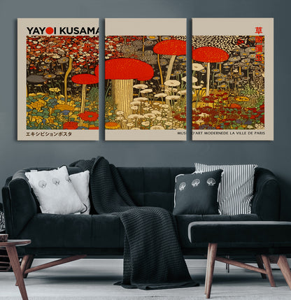 38013-MGV-CV-60X30-3P-Yayoi Kusama Inspired Mushroom Garden Wall Art – Whimsical Botanical Canvas Print, Surreal Nature Poster, Fantasy Floral Artwork