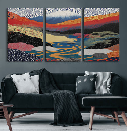 32131-MGV-CV-36X24-Japanese Mount Fuji Wall Art – Abstract Landscape Canvas Print with Swirling Sky & River, Modern Minimalist Asian Inspired Poster
