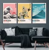Katsushika-MGV-CV-36X24-Katsushika Hokusai Wall Art Set – The Great Wave, Hydrangea and Swallow, Fine Wind Canvas Prints, Japanese Ukiyo e Style Home and