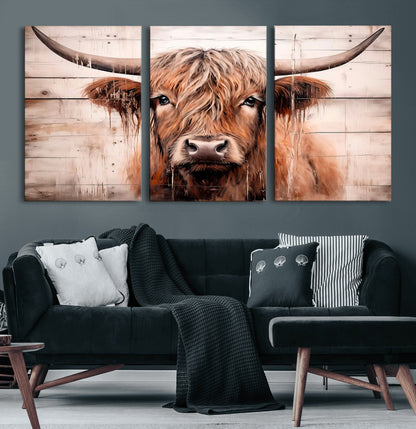 93730-MGV-CV-36X24-Scottish Cow Wall Art Canvas Print, Framed Longhorn Cow Art Picture Print, Highland Cattle Perfect Rustic Farmhouse Decor Artwork