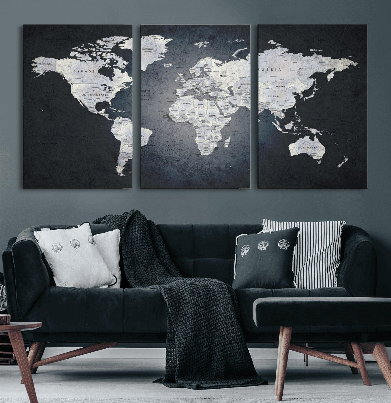 19124-MGV-CV-60X30-3P-Modern World Map Wall Art – Black and White Canvas Print, Minimalist Global Map Decor for Office, Study, Bedroom or Living Room