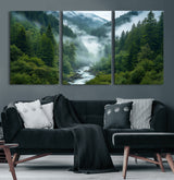69453-MGV-CV-60X30-3P-Mountain Forest Wall Art – Misty River and Evergreen Landscape Canvas Print, Nature Photography Poster for Living Room, Bedroom,