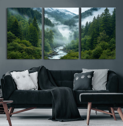69453-MGV-CV-60X30-3P-Mountain Forest Wall Art – Misty River and Evergreen Landscape Canvas Print, Nature Photography Poster for Living Room, Bedroom,