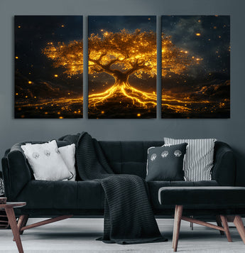 60194-MGV-CV-60X30-3P-Glowing Tree Wall Art – Golden Roots Fantasy Canvas Print, Mystical Illuminated Tree Painting Poster for Living Room, Bedroom,