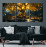 92739-MGV-CV-60X30-3P-Glowing Tree Wall Art – Enchanted Golden Forest Canvas Print, Mystical Illuminated Nature Painting Poster for Living Room,