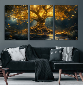 92739-MGV-CV-60X30-3P-Glowing Tree Wall Art – Enchanted Golden Forest Canvas Print, Mystical Illuminated Nature Painting Poster for Living Room,
