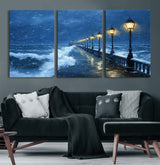 32668-MGV-CV-60X30-3P-Stormy Pier Wall Art – Ocean Waves and Street Lamps Canvas Print, Rainy Night Seascape Oil Painting Poster for Living Room,