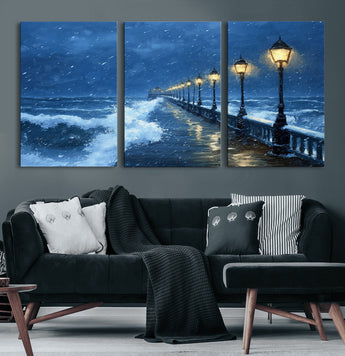 32668-MGV-CV-60X30-3P-Stormy Pier Wall Art – Ocean Waves and Street Lamps Canvas Print, Rainy Night Seascape Oil Painting Poster for Living Room,