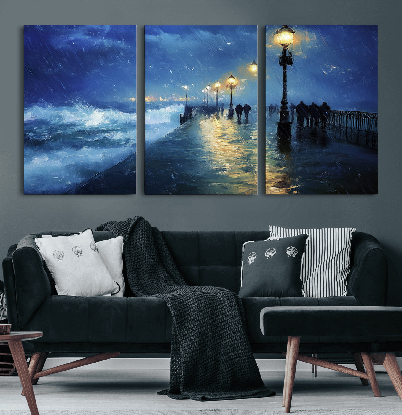 76572-MGV-CV-60X30-3P-Stormy Night Pier Wall Art – Ocean Waves and Street Lamps Canvas Print, Rainy Seascape Oil Painting Poster for Living Room,