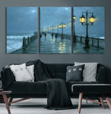 79606-MGV-CV-36X24-Rainy Pier Night Wall Art – Ocean Waves and Street Lamps Canvas Print, Moody Seascape Oil Painting Poster for Living Room,