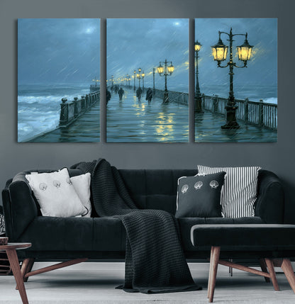 79606-MGV-CV-36X24-Rainy Pier Night Wall Art – Ocean Waves and Street Lamps Canvas Print, Moody Seascape Oil Painting Poster for Living Room,