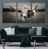 69238-MGV-CV-60X30-3P-Longhorn Bull Wall Art – Rustic Black and White Texas Cattle Canvas Print, Western Farmhouse Animal Photography for Living Room,