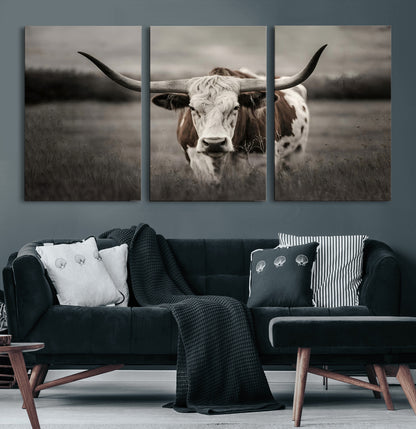 69238-MGV-CV-60X30-3P-Longhorn Bull Wall Art – Rustic Black and White Texas Cattle Canvas Print, Western Farmhouse Animal Photography for Living Room,