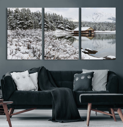 94285-MGV-CV-36X24-Snowy Cabin Wall Art Canvas Print, Framed Winter Cabin Art Picture Print, Mountain Lake Perfect Snowy Nature Decor Artwork