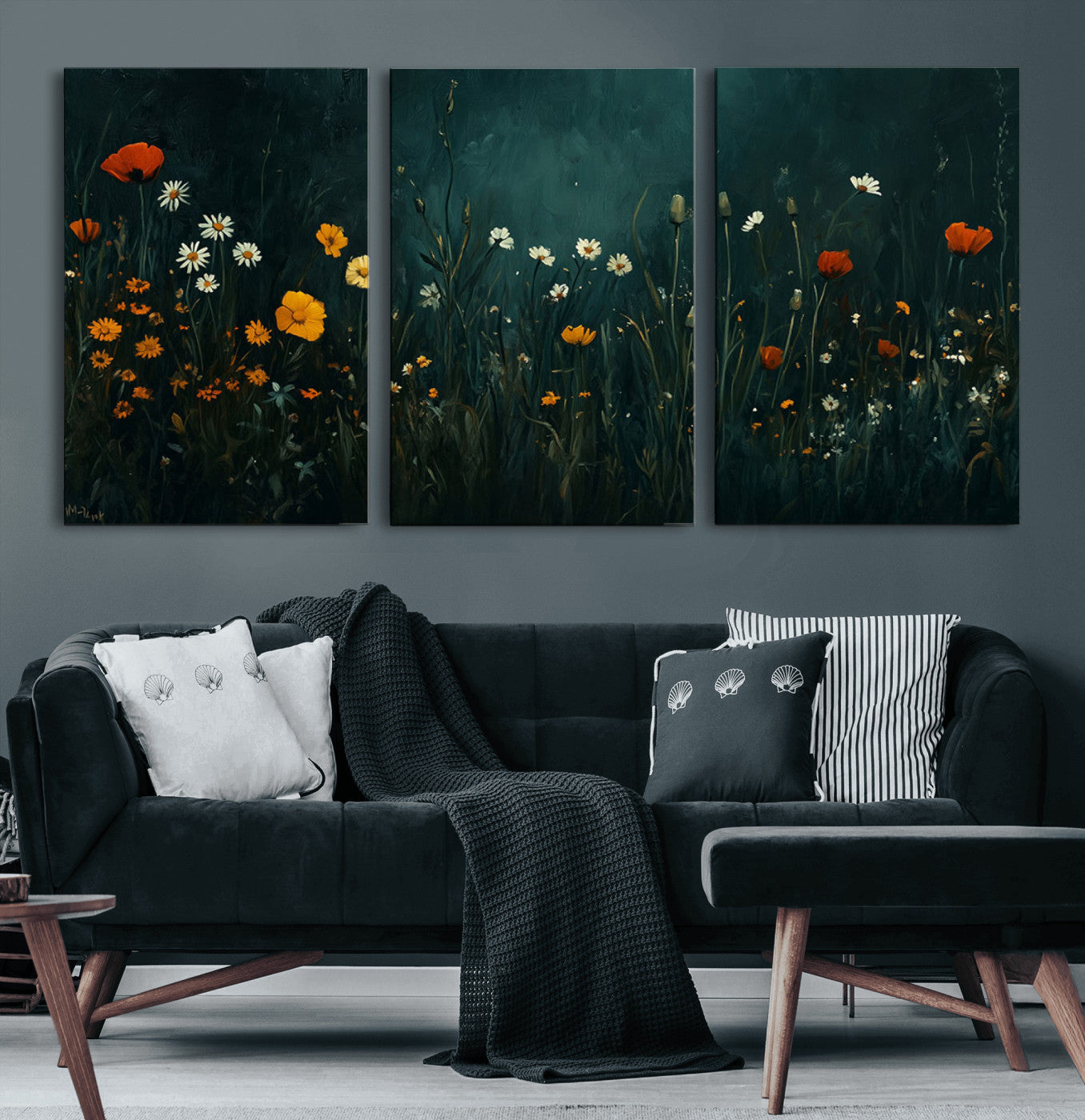 87037-MGV-CV-36X24-Wildflower Wall Art – Dark Botanical Floral Canvas Print, Modern Nature Painting Poster with Daisies Poppies Orange Flowers for