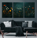 87037-MGV-CV-36X24-Wildflower Wall Art – Dark Botanical Floral Canvas Print, Modern Nature Painting Poster with Daisies Poppies Orange Flowers for