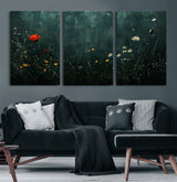 26218-MGV-CV-36X24-Wildflower Wall Art – Dark Botanical Floral Canvas Print, Modern Nature Painting Poster with Daisy Poppy Yellow Flowers for Living