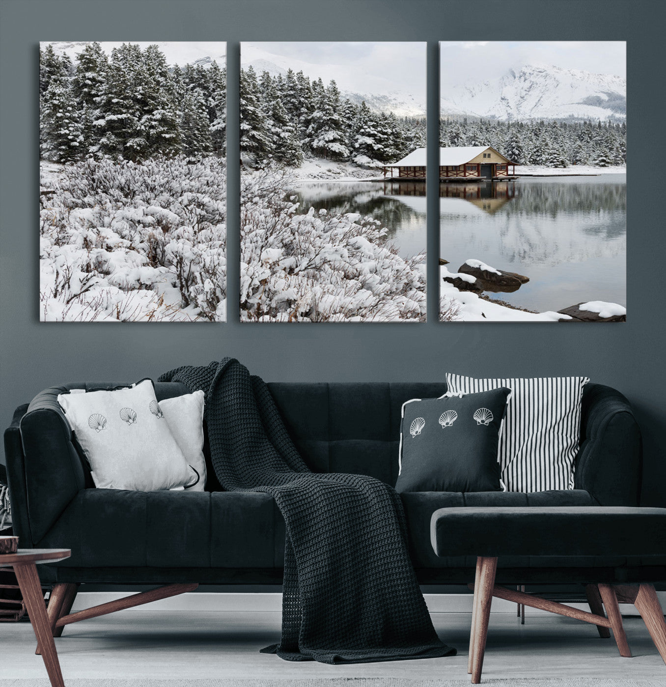 29975-MGV-CV-60X30-3P-Winter Cabin by the Lake Wall Art – Snowy Mountain Landscape Canvas Print, Rustic Lodge Cabin Decor for Cozy Living Room, Bedroom