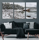 29975-MGV-CV-60X30-3P-Winter Cabin by the Lake Wall Art – Snowy Mountain Landscape Canvas Print, Rustic Lodge Cabin Decor for Cozy Living Room, Bedroom