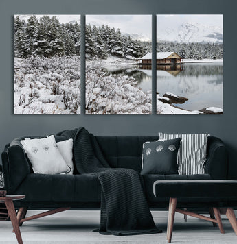 29975-MGV-CV-60X30-3P-Winter Cabin by the Lake Wall Art – Snowy Mountain Landscape Canvas Print, Rustic Lodge Cabin Decor for Cozy Living Room, Bedroom