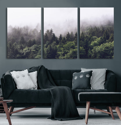 42578900-MGV-CV-60X30-3P-Misty Pine Forest Wall Art – Tranquil Foggy Mountain Canvas Print, Nature Landscape Décor for Bedroom, Living Room, Cabin or