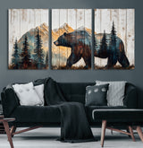 90077-MGV-CV-36X24-Wood Grizzly Bear Wall Art Canvas Print, Framed Abstract Bear Art Picture Print, Bear in Forest Perfect Rustic Lodge Decor Artwork