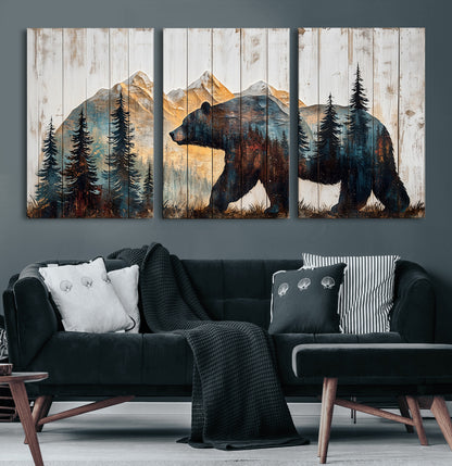 90077-MGV-CV-36X24-Wood Grizzly Bear Wall Art Canvas Print, Framed Abstract Bear Art Picture Print, Bear in Forest Perfect Rustic Lodge Decor Artwork