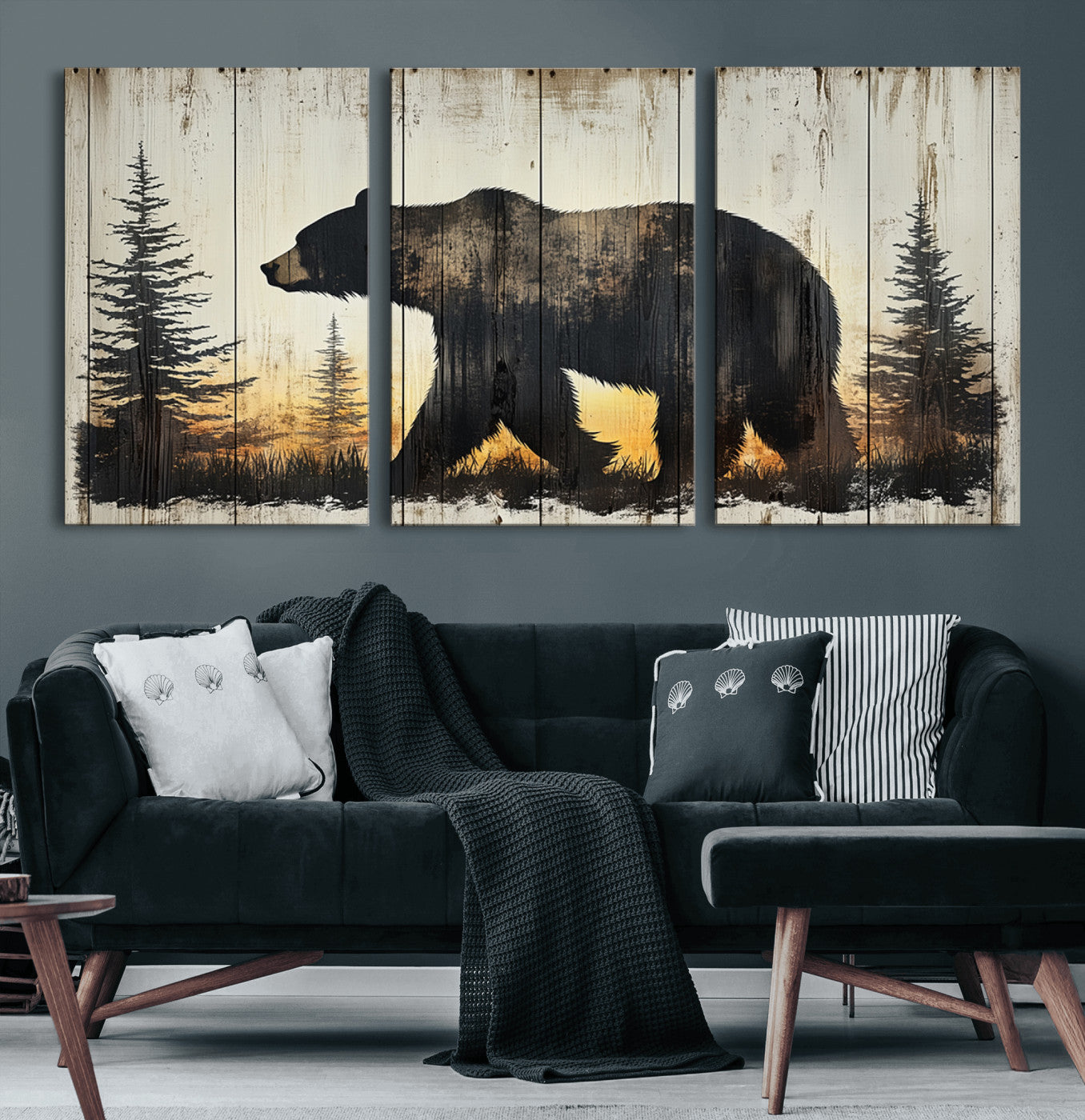 83875-MGV-CV-36X24-Sunset Bear Wall Art – Rustic Wildlife Canvas Print with Forest Silhouette, Cabin Lodge Decor for Living Room or Office