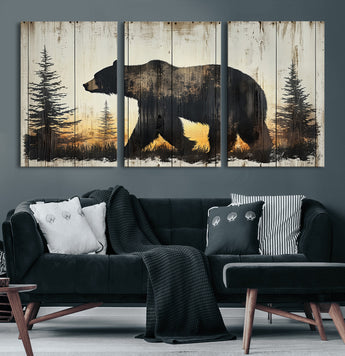 83875-MGV-CV-36X24-Sunset Bear Wall Art – Rustic Wildlife Canvas Print with Forest Silhouette, Cabin Lodge Decor for Living Room or Office