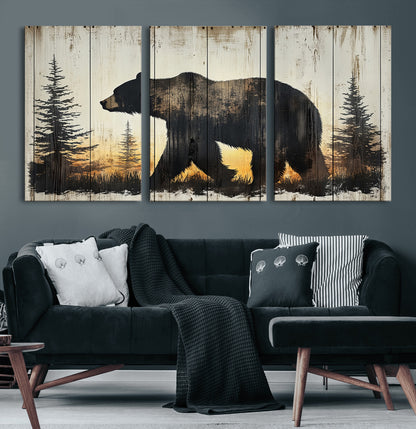 83875-MGV-CV-36X24-Sunset Bear Wall Art – Rustic Wildlife Canvas Print with Forest Silhouette, Cabin Lodge Decor for Living Room or Office