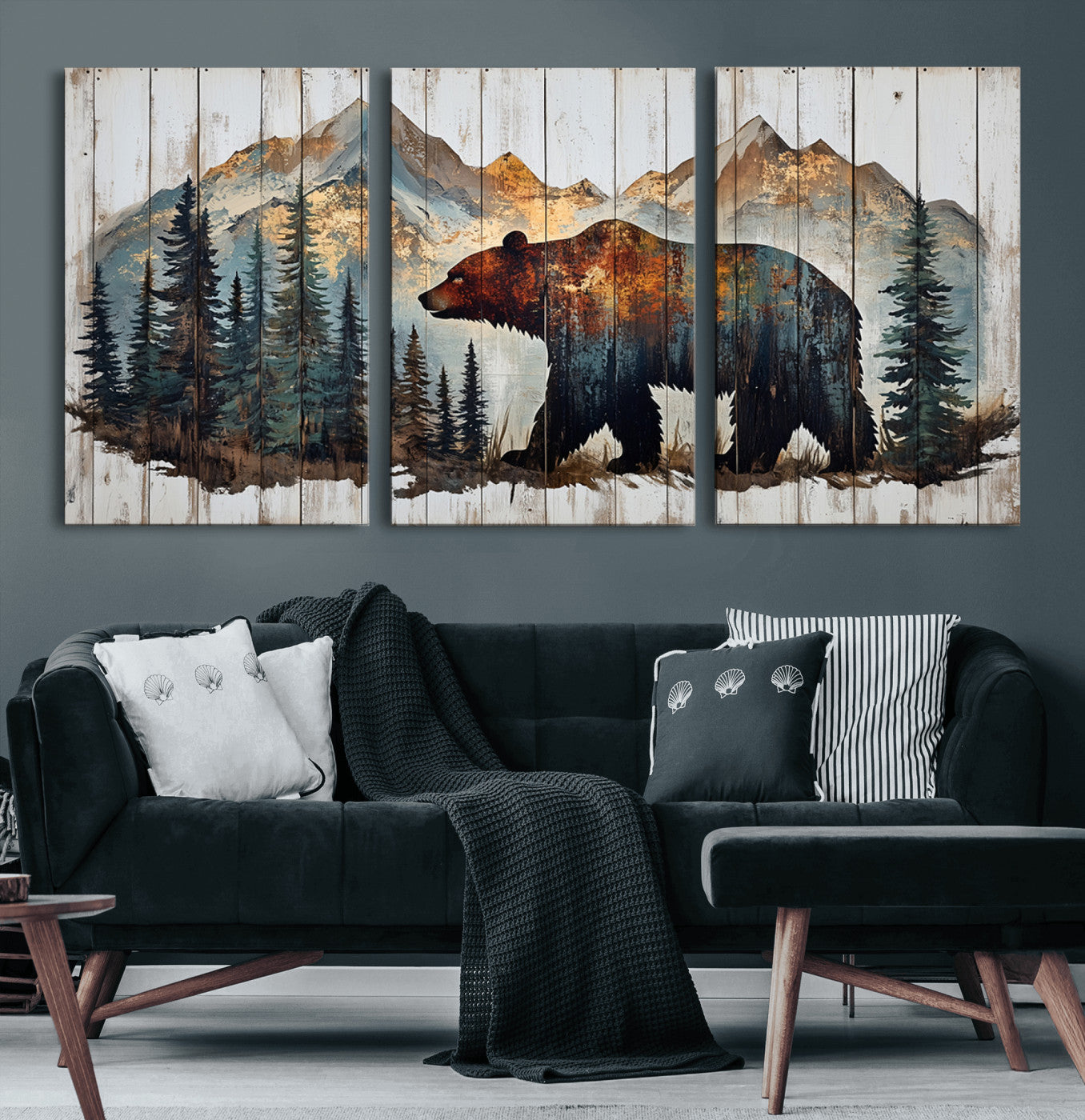 55777-MGV-CV-36X24-Rustic Bear Wall Art Canvas Print, Framed Mountain and Forest Art Picture Print, Wooden Bear Perfect Rustic Lodge Decor Artwork
