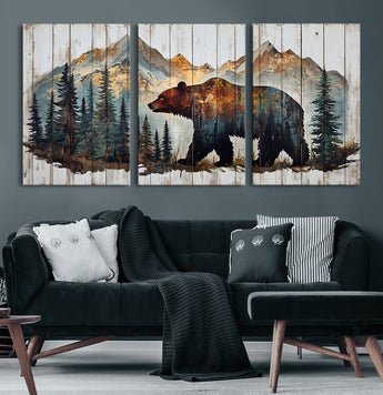 55777-MGV-CV-36X24-Rustic Bear Wall Art Canvas Print, Framed Mountain and Forest Art Picture Print, Wooden Bear Perfect Rustic Lodge Decor Artwork