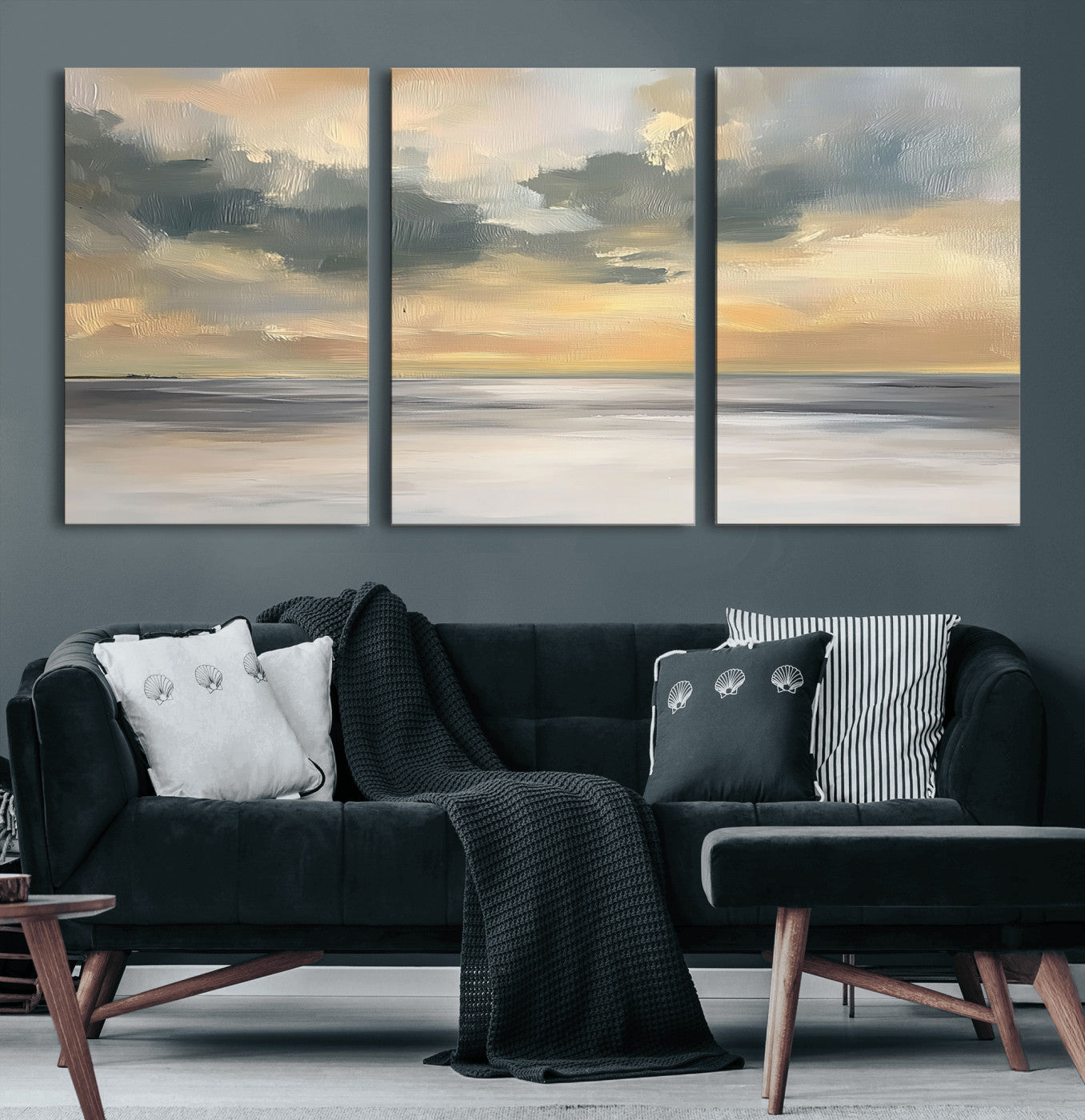 45544-MGV-CV-60X30-3P-Ocean Sunset Wall Art – Serene Seascape Canvas Print with Golden Sky and Calm Water, Coastal Beach Artwork for Living Room,