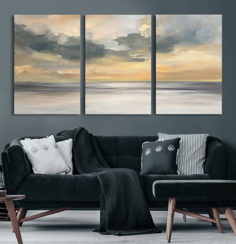 45544-MGV-CV-60X30-3P-Ocean Sunset Wall Art – Serene Seascape Canvas Print with Golden Sky and Calm Water, Coastal Beach Artwork for Living Room,