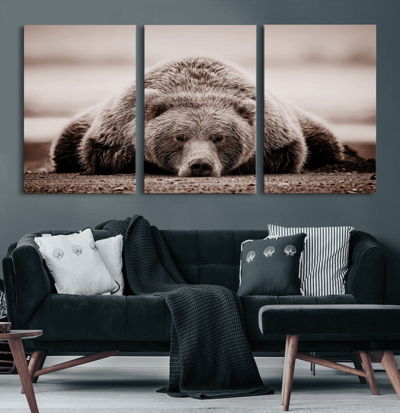 20611-MGV-CV-60X30-3P-Grizzly Bear Wall Art – Majestic Wildlife Sepia Canvas Print, Rustic Nature Animal Artwork for Cabin, Lodge, Living Room, Bedroom,