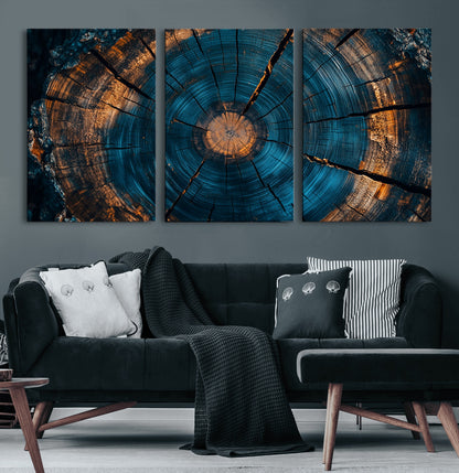 65231-MGV-CV-36X24-Blue and Gold Tree Ring Wall Art – Rustic Abstract Wood Slice Canvas Print, Modern Nature Inspired Artwork for Living Room,