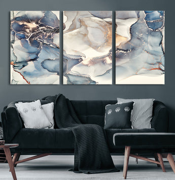 51497-MGV-CV-60X30-3P-Abstract Blue and Gold Wall Art – Modern Fluid Ink Style Canvas Print, Elegant Contemporary Decor for Living Room, Office