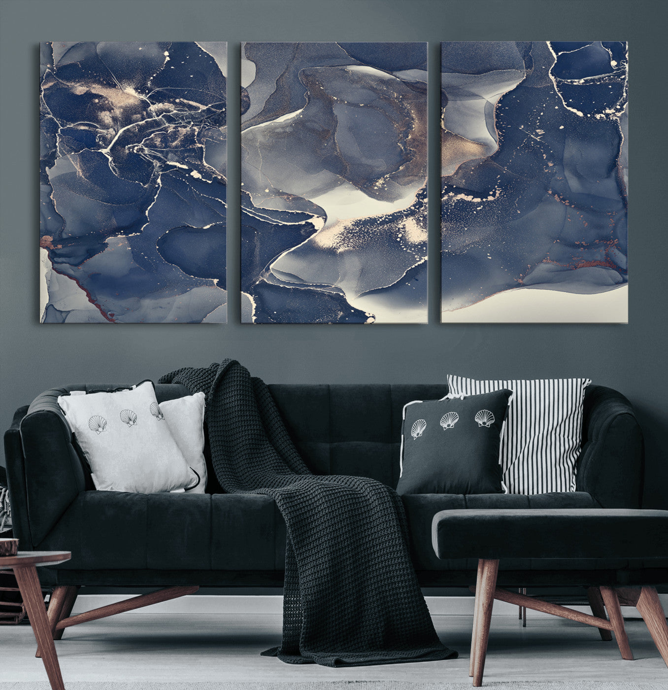 28282-MGV-CV-36X24-Blue Abstract Wall Art – Modern Ink Swirl Canvas Print, Contemporary Navy and Gold Painting for Living Room, Bedroom, Office or